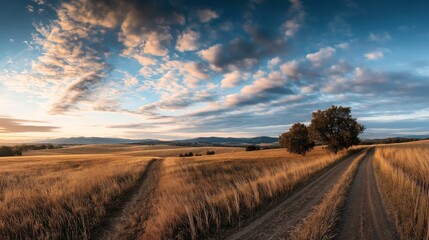Obraz premium Golden field landscape with dirt road and trees under a dramatic cloudy sky during sunset
