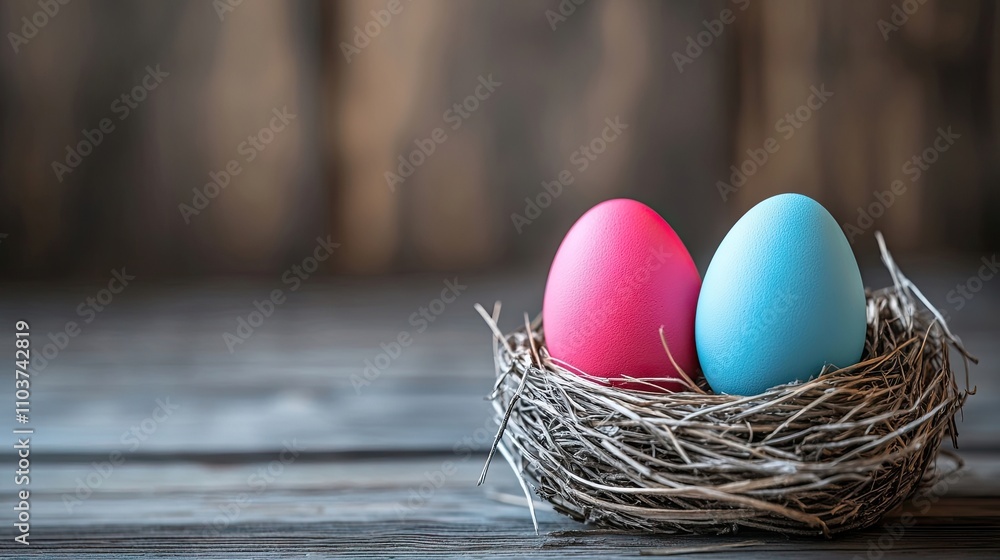 Poster two colorful easter eggs nestled in a wooden nest, creating a charming scene perfect for capturing t