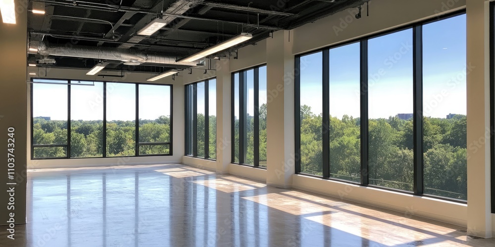 Poster the inside of a vacant office area showcases expansive windows that allow ample natural light. this 