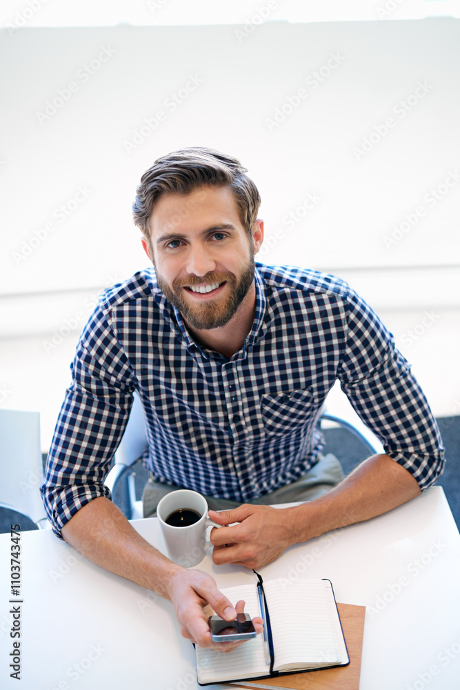 Poster happy, businessman and smartphone with notebook at office for email notification, social media and p