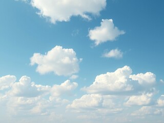 Fototapeta premium A bright blue sky with fluffy white clouds that are gently drifting lazily across the sky, soft, wispy