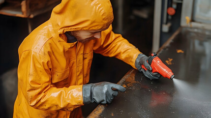 Worker in Yellow Protective Suit Cleans Metal Surface with Spray Tool
