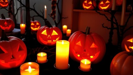 Enchanting Halloween Decor: Jack-o'-Lanterns and Candles Create a Warm, Festive Atmosphere