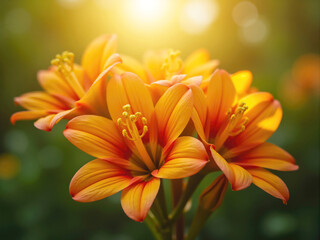 Fototapeta premium Orange clivia miniata flowers blooming in warm sunlight