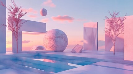 Geometric user experience design with realistic textures surrounded by pink serene landscape featuring abstract shapes and tranquil water.