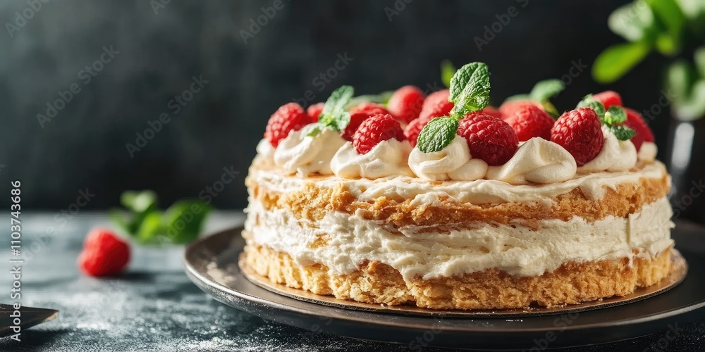 Poster napoleon cake comprised of cream and pastry dough, featuring a selective focus effect, along with an