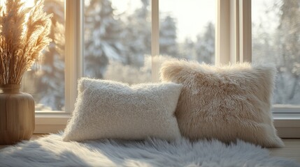 Cozy photo scene with fluffy pillows and shiny soft fur on blank mock ups by windows, creating a warm and inviting atmosphere perfect for relaxation and comfort.