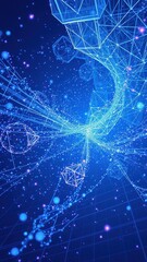 Abstract representation of technological particles interacting with a complex mesh background, mesh, complex patterns, technology, high tech, particle physics