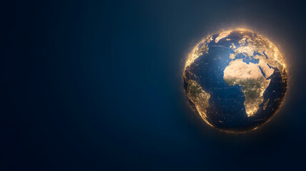 glowing Earth illuminated by city lights against dark background, showcasing continents and oceans. image evokes sense of wonder and connection to our planet