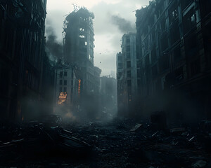 Obraz premium A desolate urban landscape with crumbling buildings and debris, evoking a post-apocalyptic scene.