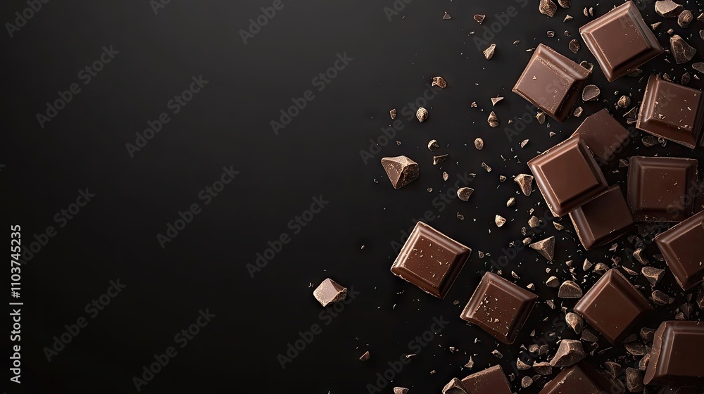 Poster chocolate bars drop gracefully against a dark background, creating an enticing scene of chocolate ba