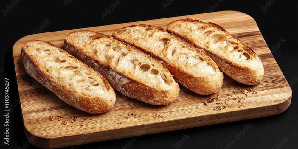 Poster recent slices of bread are presented on a wooden board, showcasing a close view of a baguette with c