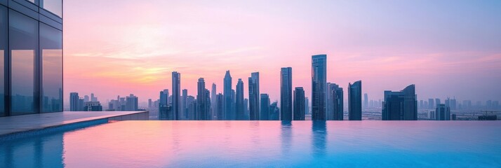 Fototapeta premium A serene skyline view at dusk, featuring a shimmering infinity pool with vibrant colors reflecting off the water and modern skyscrapers in the background.