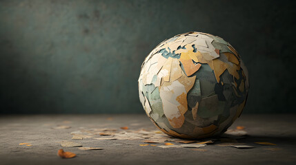 patchwork globe made from textured paper pieces, showcasing continents and oceans, rests on textured surface with scattered leaves, evoking sense of creativity and environmental awareness