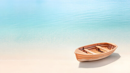 small wooden boat docked near peaceful beach with calm waters. serene atmosphere invites relaxation and tranquility, perfect for day by sea