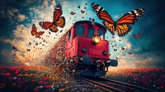 Witness a train journey through flower fields, transforming into butterflies - symbolizing growth and new possibilities. 