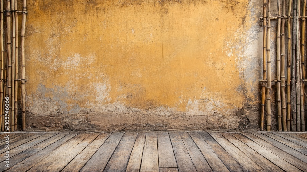 Poster brown old wall texture and bamboo wood wall create a unique background, perfect for showcasing a ble