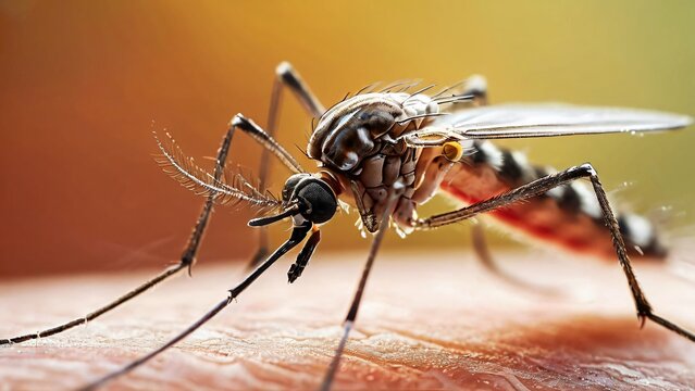Close-Up of a Mosquito on Human Skin in the Wild, A Detailed Glimpse into Nature's Tiny Predator

