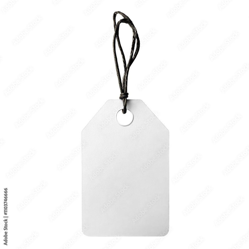 Poster blank white price tag with string for labeling, isolated on transparent cutout background