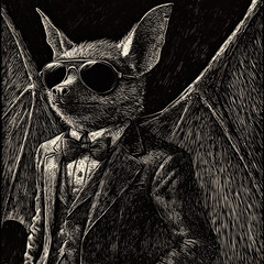A bat wearing a sleek suit and aviator sunglasses, combining nocturnal mystery with urban sophistication. The scene is illustrated in scratchboard-style engraving, with fine textures that capture the