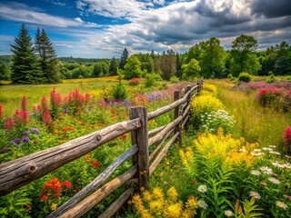 Overgrown Split Rail Cedar Farm Fence Surrounded by Wildflowers on Manitoulin Island, Capturing the Beauty of Nature's Embrace and Urban Exploration Photography