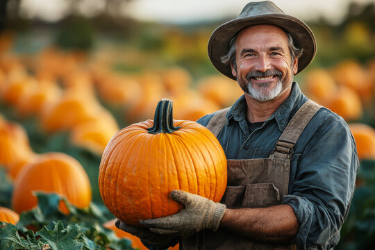Cheerful male farmer proudly holds a large pumpkin in his hands, standing amidst a vibrant pumpkin patch filled with rows of orange pumpkins, autumn harvest
