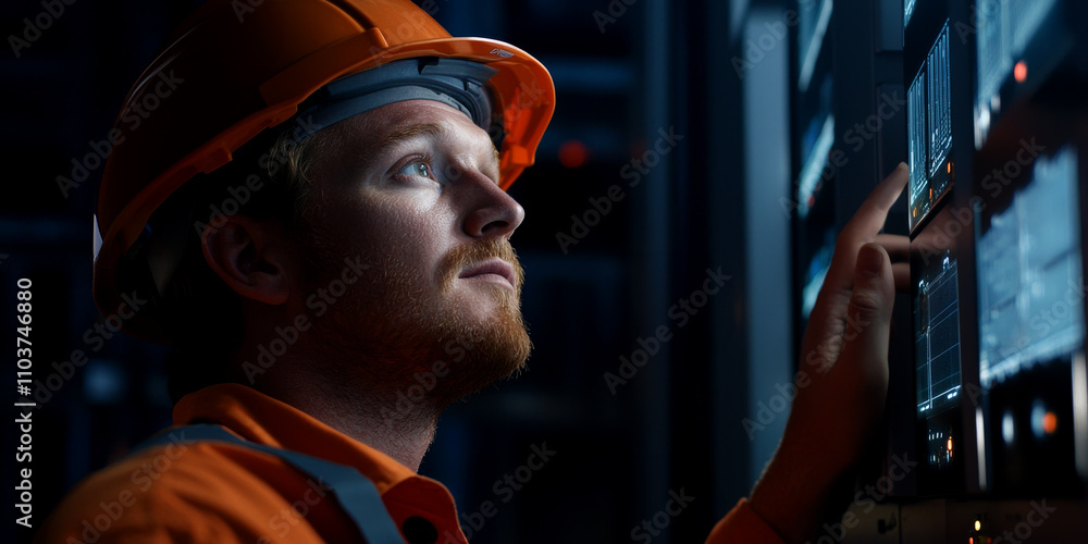 Poster peak energy on monitoring concept. worker operating machinery in industrial setting with focus and c