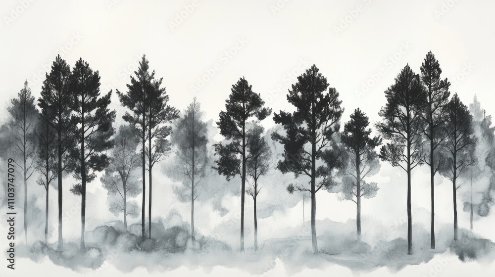 Poster misty forest landscape with silhouetted trees enveloped in soft morning light and gentle fog, creati