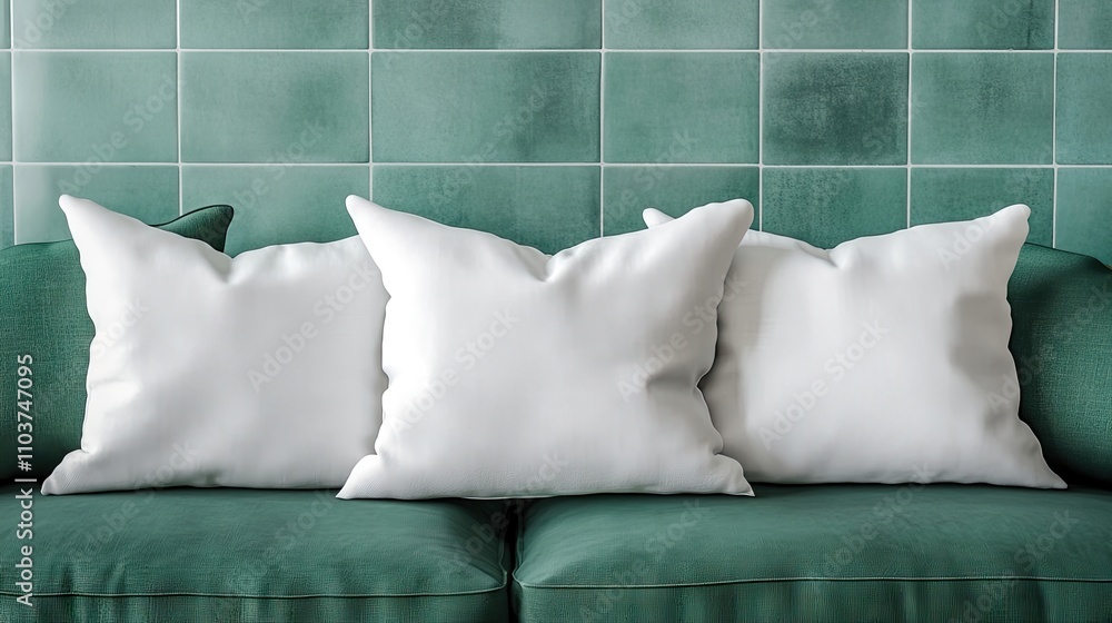 Poster white pillow mockups arranged on a stylish green sofa, complemented by a blank turquoise wall adorne