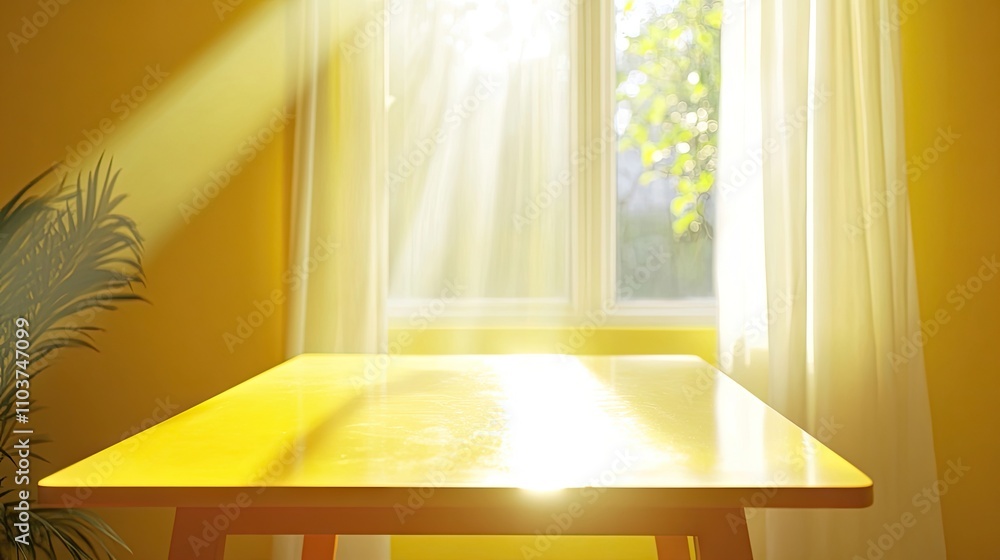 Poster bright yellow table illuminated by sunlight pouring through a window, creating an inviting atmospher