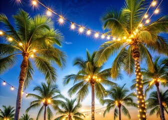 Palm Trees Adorned with Christmas Lights and Garland Against a Night Sky, Creating a Festive Atmosphere with Twinkling LED Bulbs and Vibrant Decorations for Holiday Celebrations