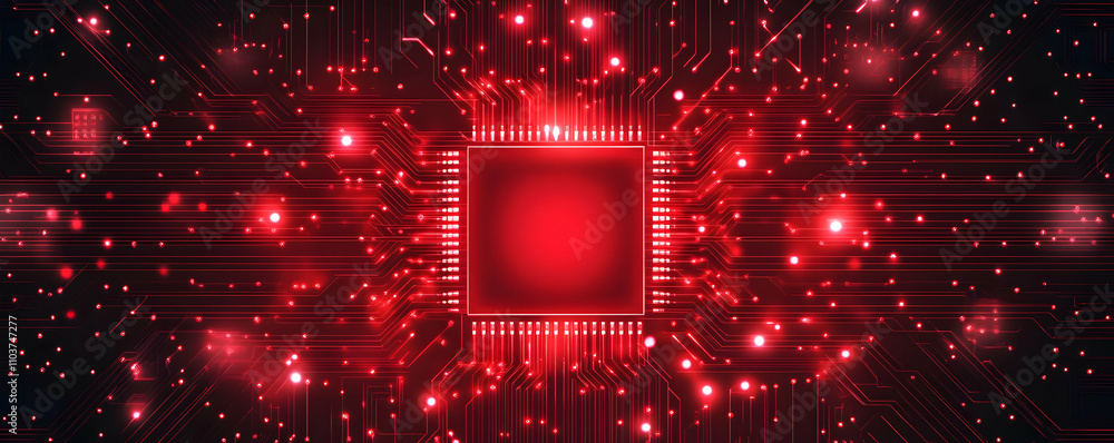 Poster red illuminated circuit board showing central processor