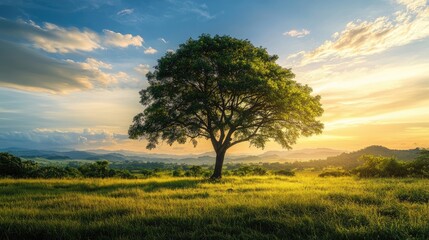 Obraz premium A healthy green tree silhouette stands out against a vibrant, lush landscape, creating a striking image of natures beauty with ample copy space for designs.
