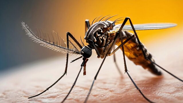 Close-Up of a Mosquito on Human Skin in the Wild, A Detailed Glimpse into Nature's Tiny Predator
