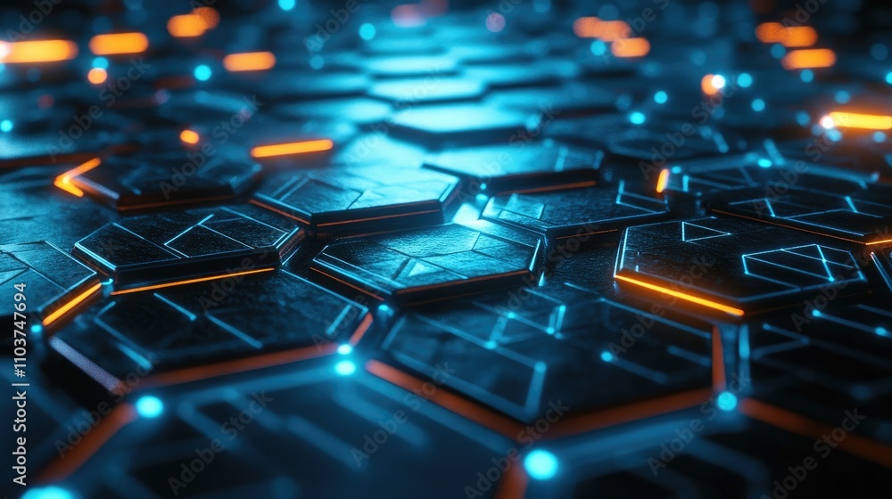 Poster a metallic hexagonal grid illuminated by neon blue lights creates a diagonal pattern with glowing ed