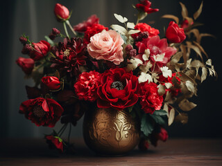 Close-up of a red flower bouquet in a vase on a table as an artful arrangement