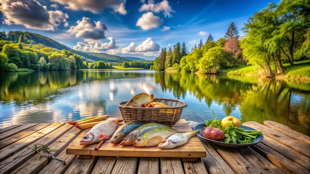 Panoramic Food Photography of Freshly Caught Fish Displayed on a Rustic Table by a Scenic Fishing Lake near Ketsch, Germany, Surrounded by Lush Greenery and Calm Waters