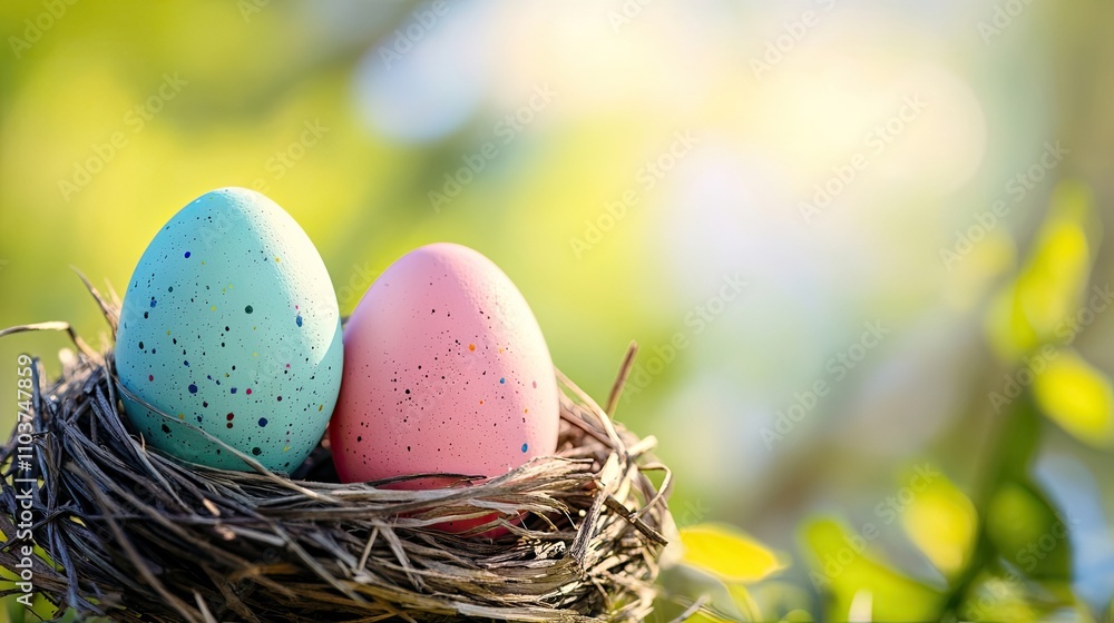 Poster two colorful easter eggs nestled in a wooden nest, creating a charming scene perfect for capturing t