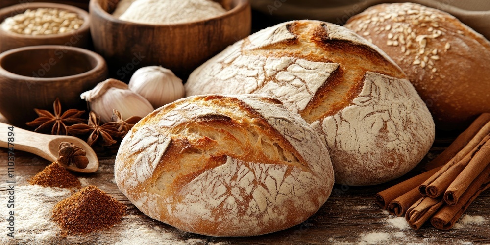Poster a close up view featuring freshly baked bread accompanied by an array of spices displayed on a rusti