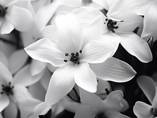 Black and white floral background with white flowers and blurred soft focus effects