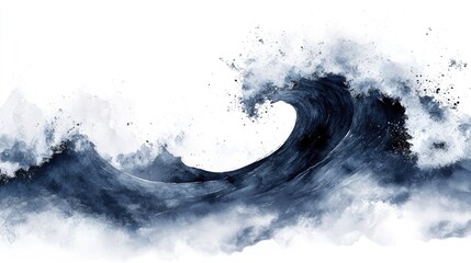 Dynamic black watercolor wave crashing with splashes against a pristine white background, showcasing fluid movement and artistic elegance.