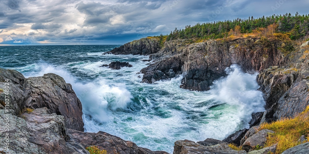 Poster turbulent coastal scene where waves violently collide with the rocky cliffs, creating a dramatic eff