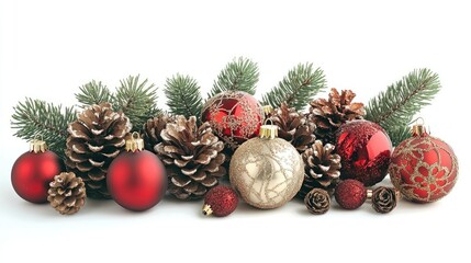 Crafted Christmas ornaments and pinecones create a festive atmosphere against a clean white background. This arrangement of Christmas ornaments and pinecones allows for plenty of copy space.