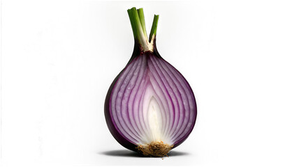 Fototapeta premium Halved red onion with visible layers and green stalk transparent background
