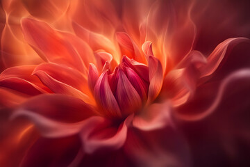 Fiery Dahlia Bloom, Abstract Floral Art, Warm Hues, Soft Petals, Dreamlike Texture, Nature's Beauty, Artistic Photography