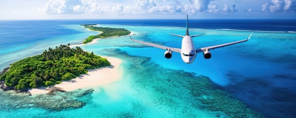 A scenic view of an airplane soaring over a lush tropical island with crystal-clear turquoise waters and white sandy beaches