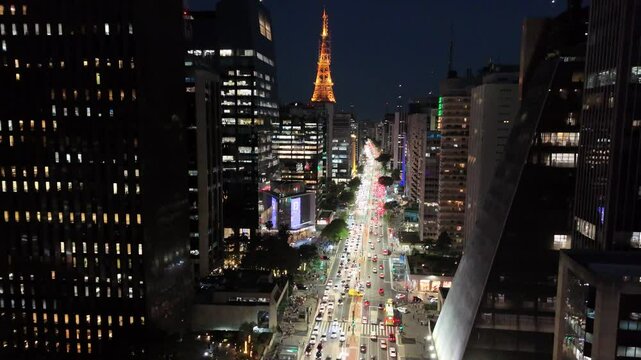Aerial view of Paulista Avenue by night - S&atilde;o Paulo, Brazil