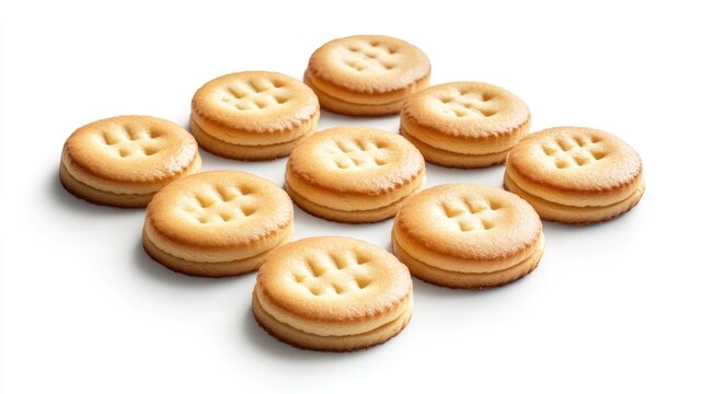 Delightful butter cookies with a rich burnt sugar glaze arranged on a clean white background, perfect for design templates. The butter cookies offer a tasty visual treat. - Powered by Adobe