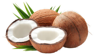 Fresh coconut halves with whole coconuts and green leaves, isolated on transparent cutout background