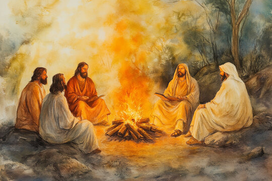 Jesus and the disciples gathered around a campfire, sharing stories. The watercolor uses warm orange and yellow tones to evoke warmth, fellowship, and spiritual connection.